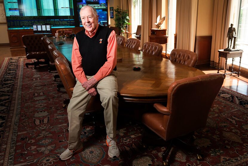 T. Boone Pickens, who's about to turn 91, photographed with his conference room table.