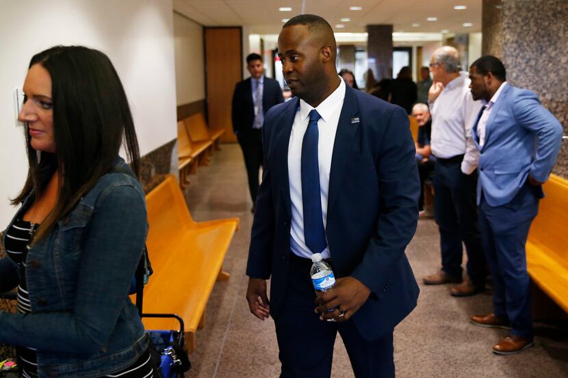 Former Mesquite police Officer Derick Wiley makes his way to the courtroom during his second...