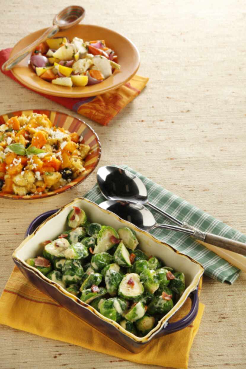 From bottom: Brussels Sprouts with Pancetta and Dijon; Butternut Squash Panzanella; and...