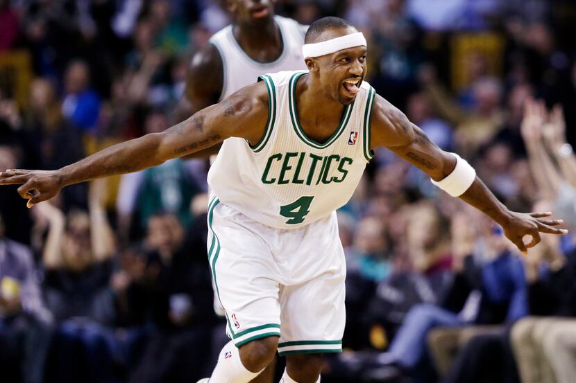 Boston Celtics guard Jason Terry (4) celebrates his 3-pointer during the second half of an...