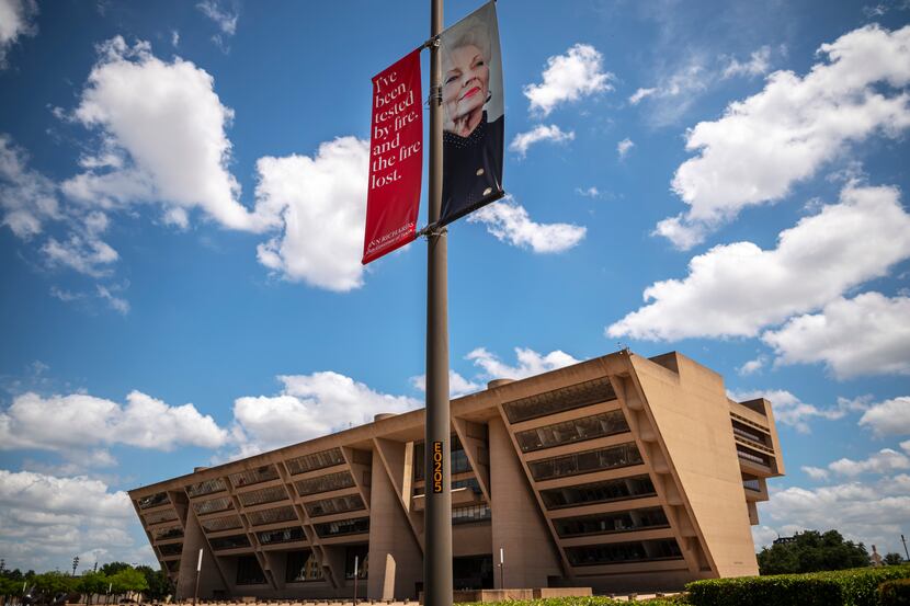 A banner is on display of former Texas Governor Ann Richards along Akard Street near Dallas...