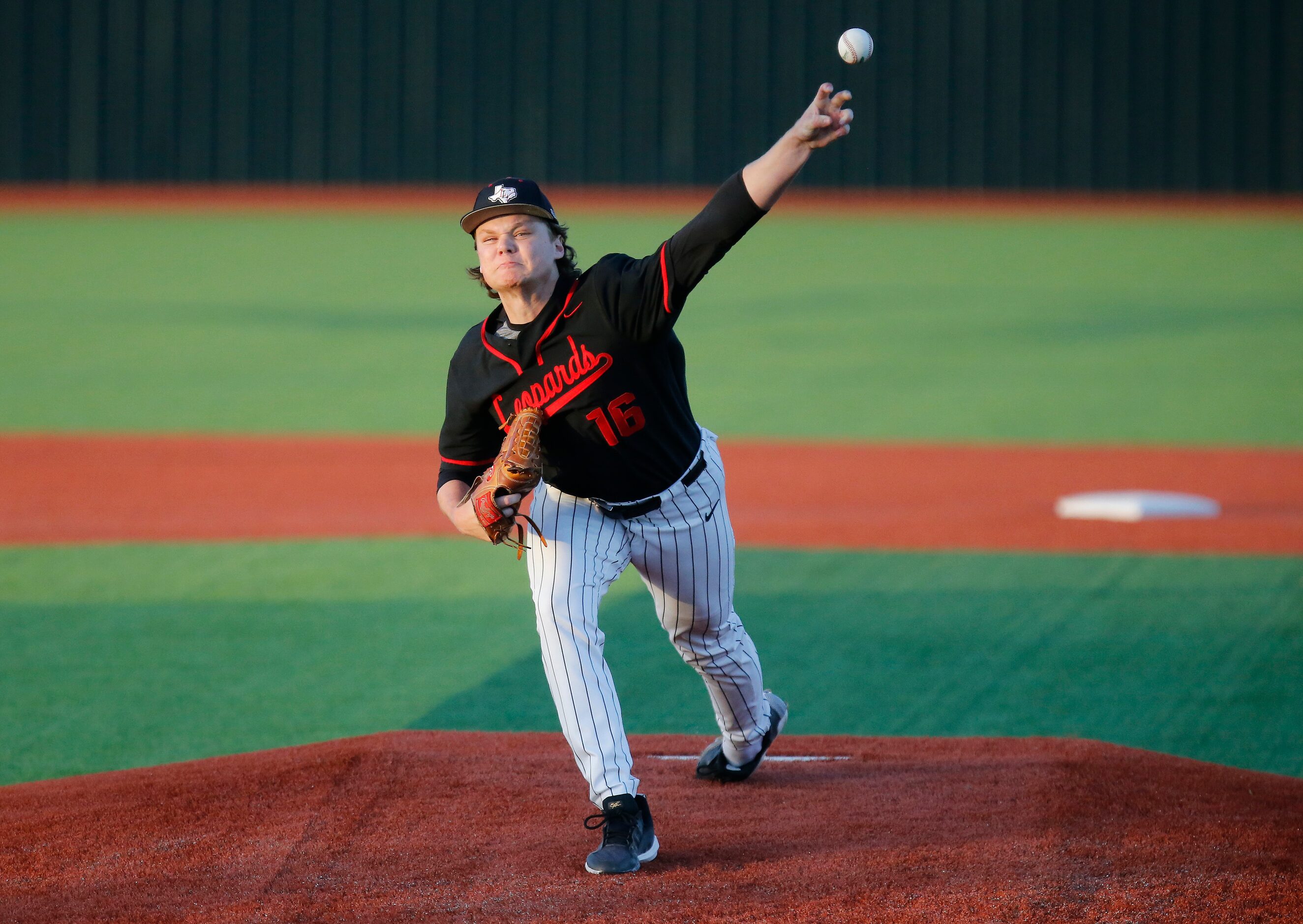 Lovejoy High School pitcher Brandt Corley (16) only lasted 19 pitches into the first inning...