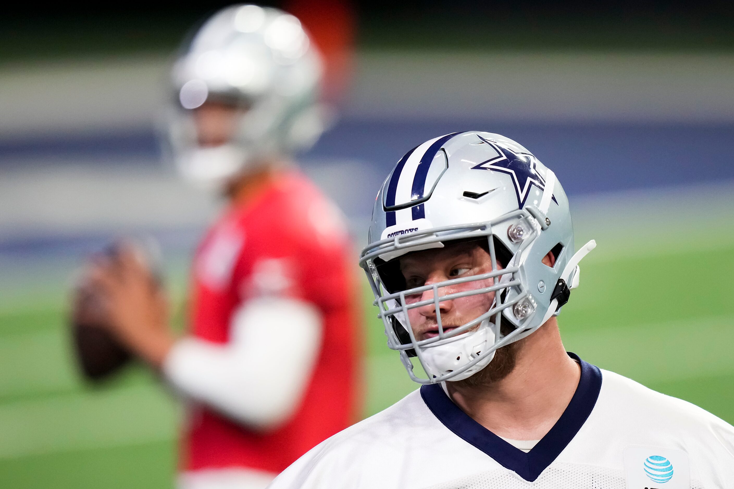 Dallas Cowboys center Tyler Biadasz participates in a drill during the OTA team's practice...