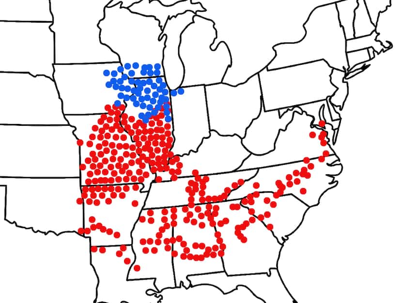 A map shows where the cicadas will emerge. Blue dots represent Brood XIII, or the Northern...