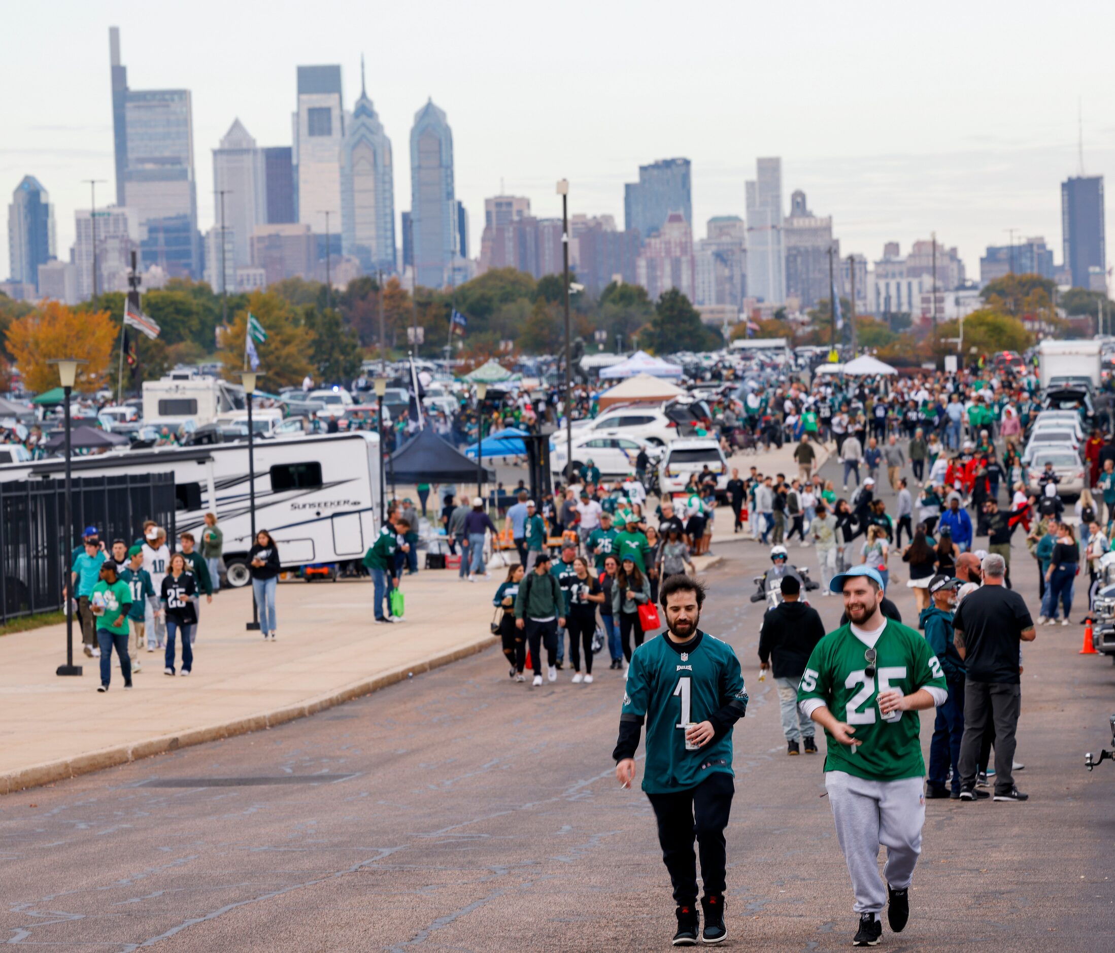 Fans tailgate before the Dallas Cowboys and Philadelphia Eagles game on Sunday, Oct. 16,...