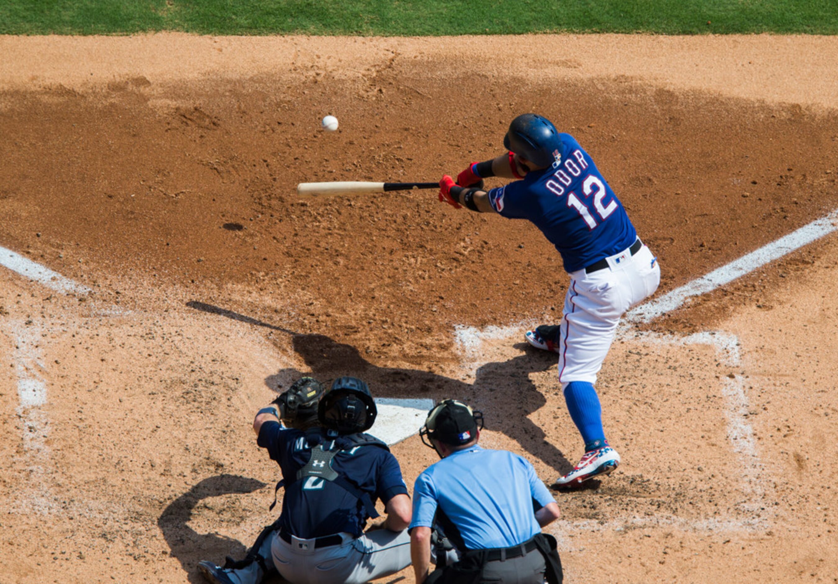 Texas Rangers second baseman Rougned Odor (12) bats during the third inning of an MLB game...