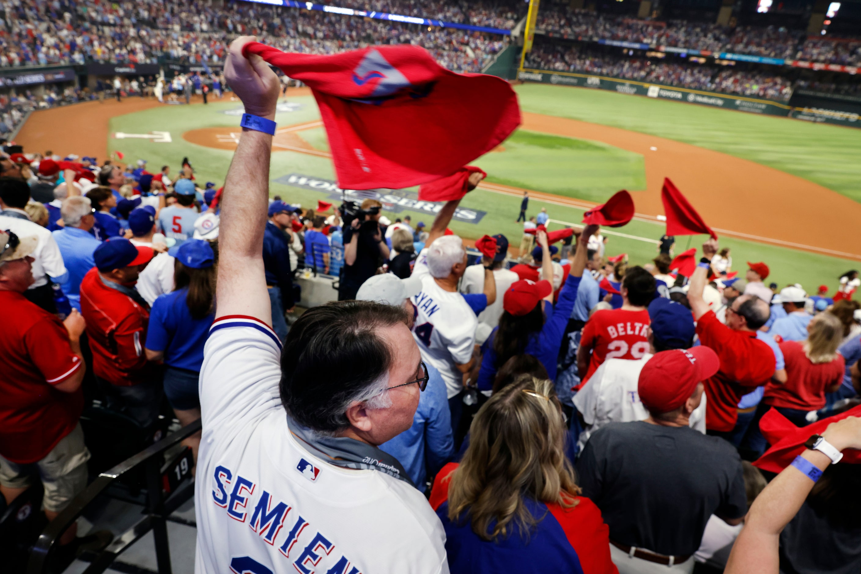 Texas Rangers fans wave their spirit towels before Game 1 of the World Series against the...