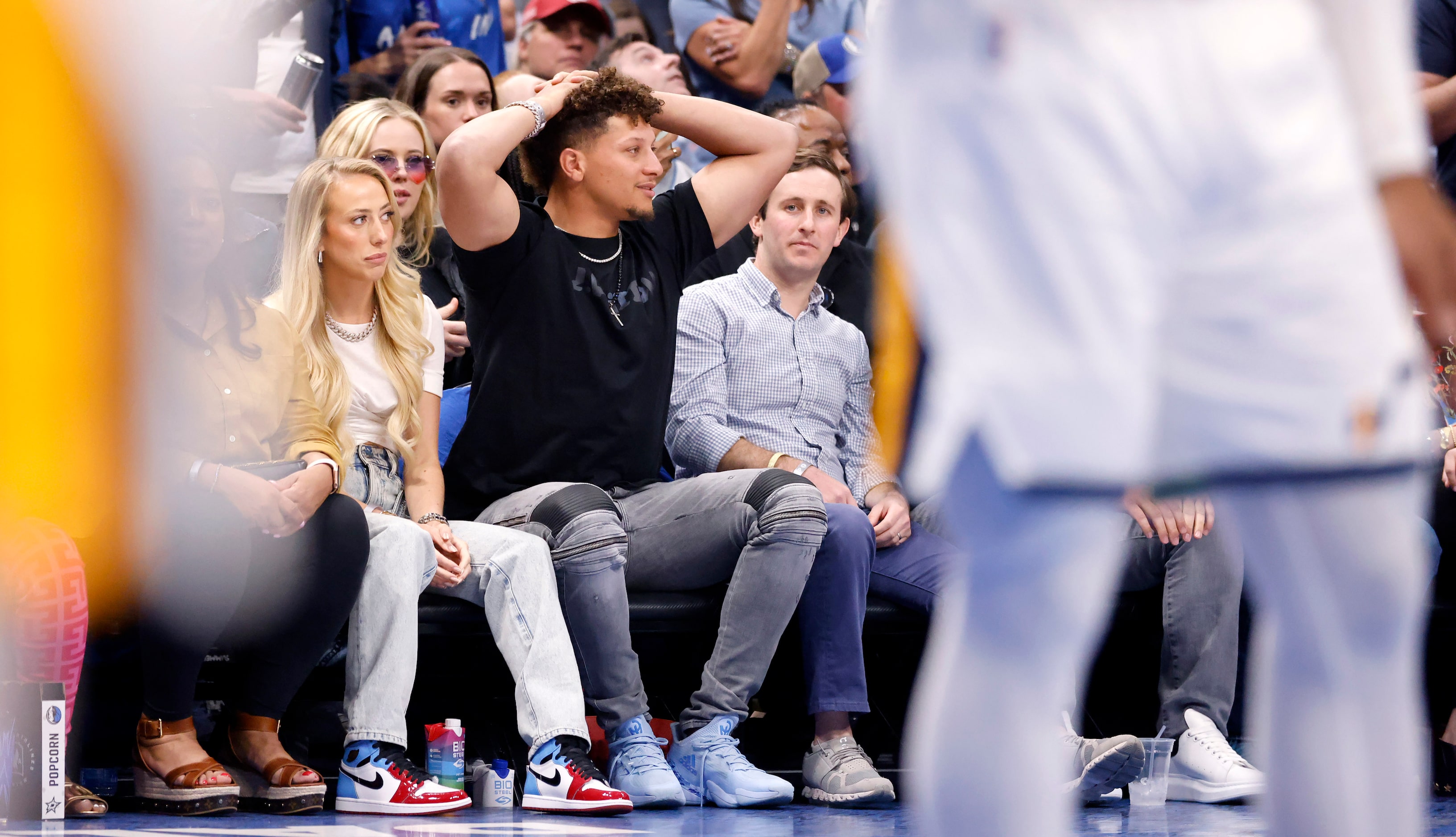 Kansas City Chiefs quarterback Patrick Mahomes reacts to a missed call against the Utah Jazz...