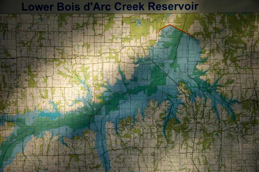 A map of the new Lower Bois d'Arc Creek Reservoir shows where water will cover farmland and...