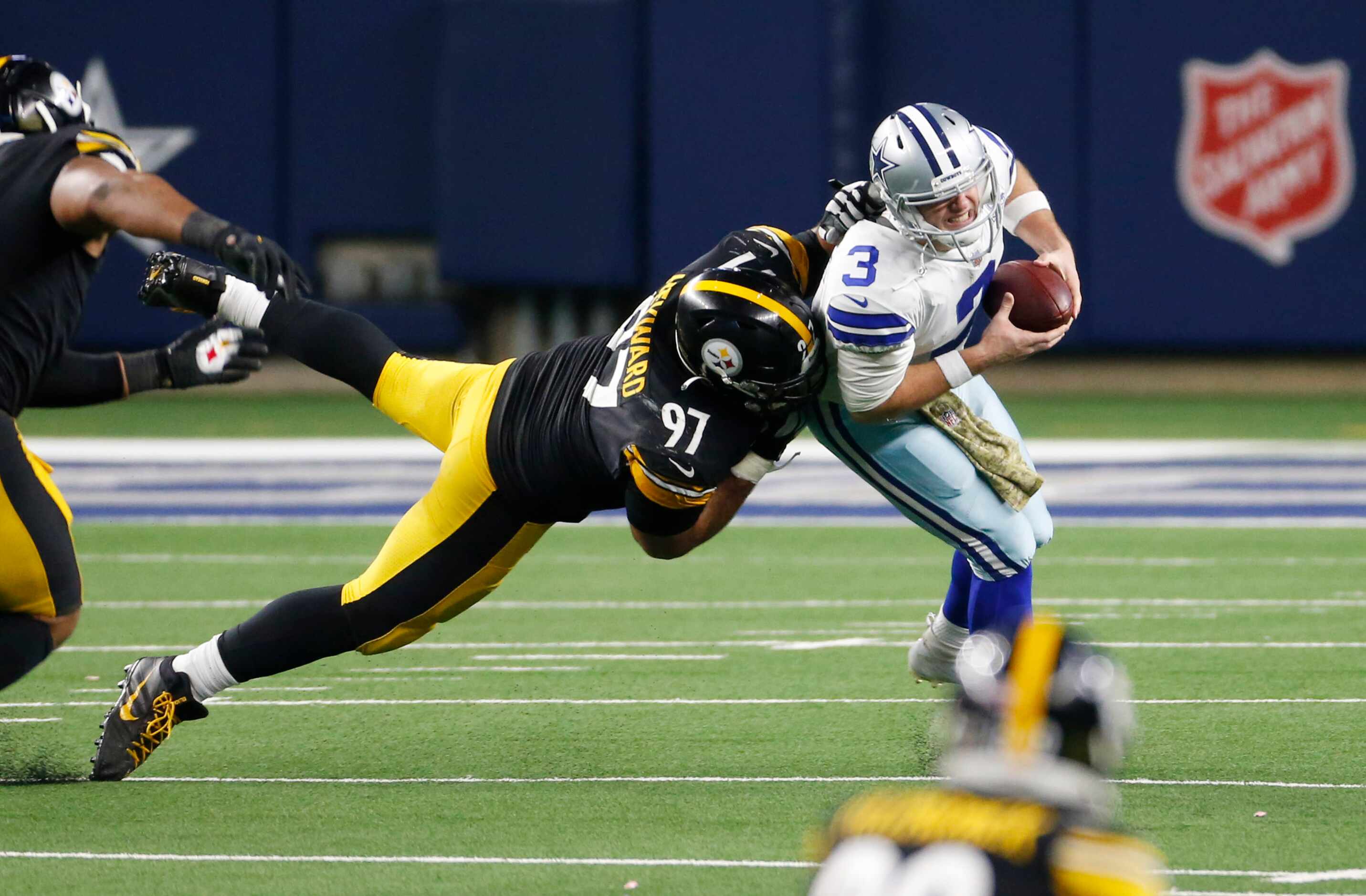 Dallas Cowboys quarterback Garrett Gilbert (3) is sacked by Pittsburgh Steelers defensive...