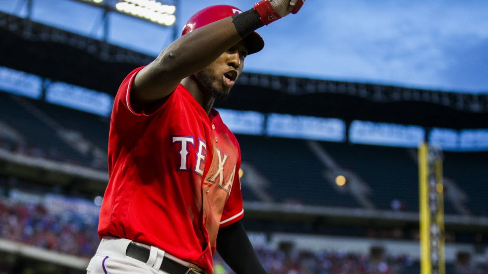 Texas Rangers second baseman Jurickson Profar (19) celebrates a home run during the fourth...