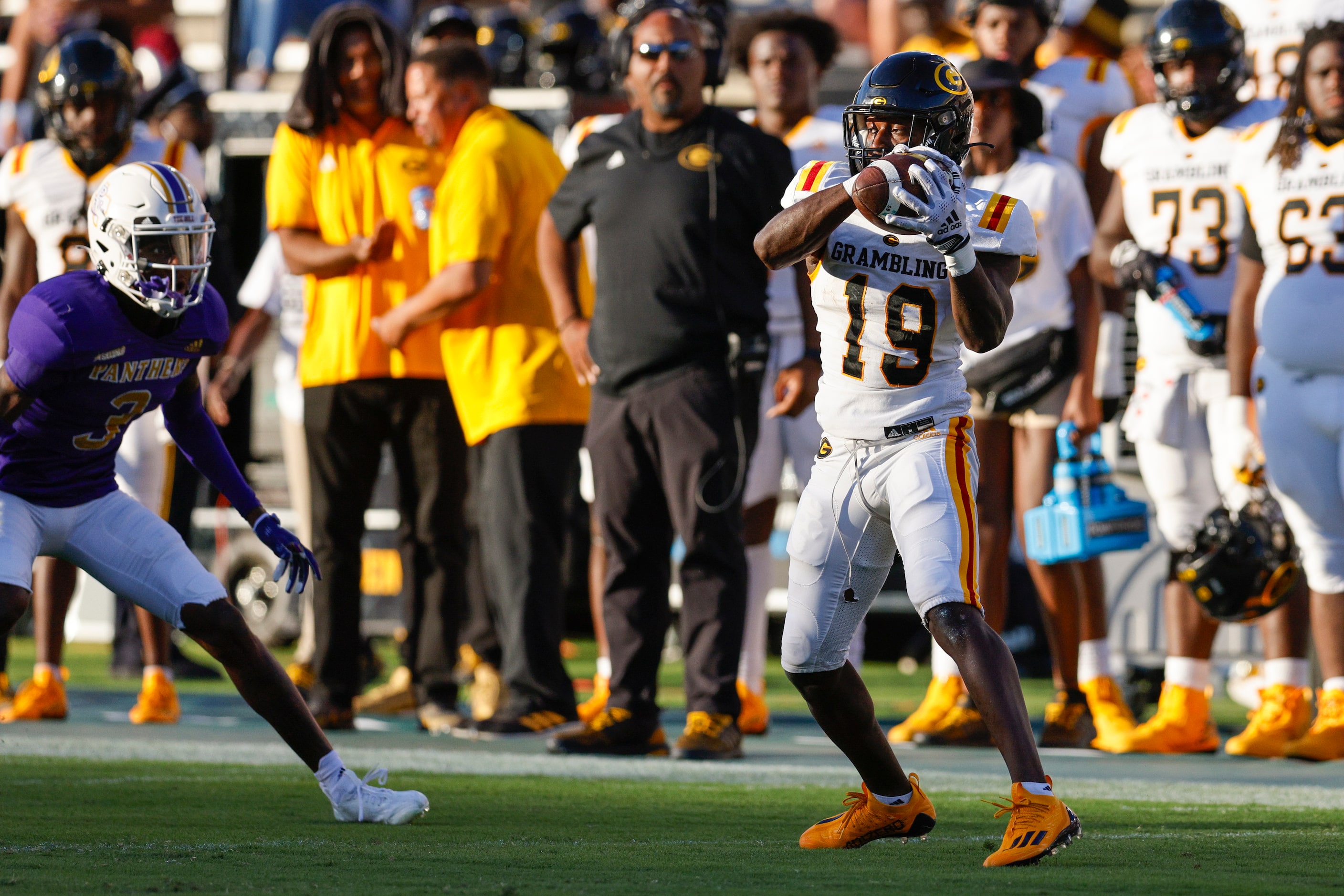 Grambling State wide receiver Antonio Jones (19) makes a catch ahead of Prairie View A&M...