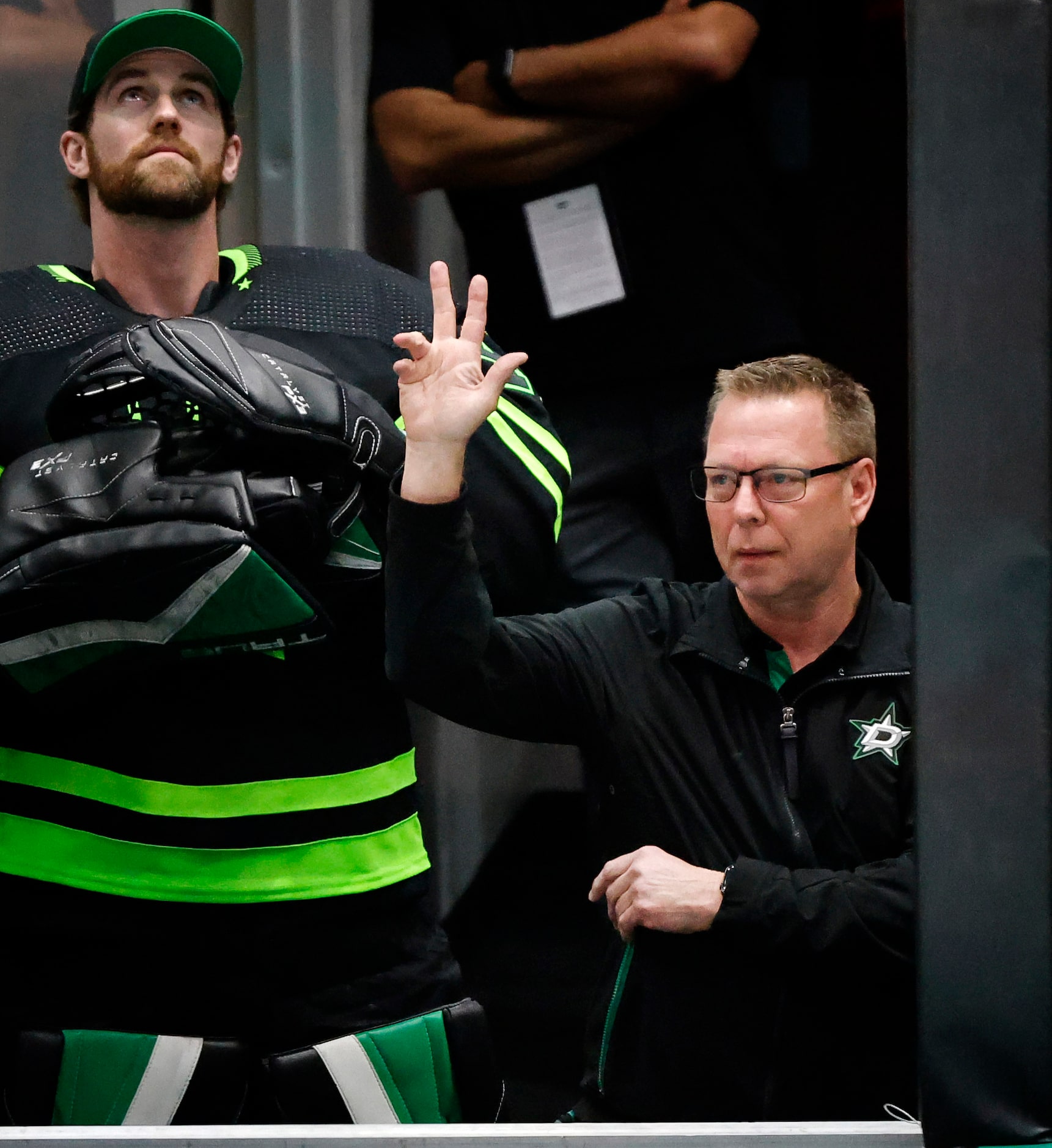 Dallas Stars Head Equipment Manager Steve Sumner waves as he’s recognized during his final...