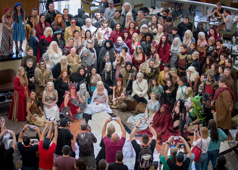 Con of Thrones cosplay participants gather for an informal group shot in the Hyatt Reunion...