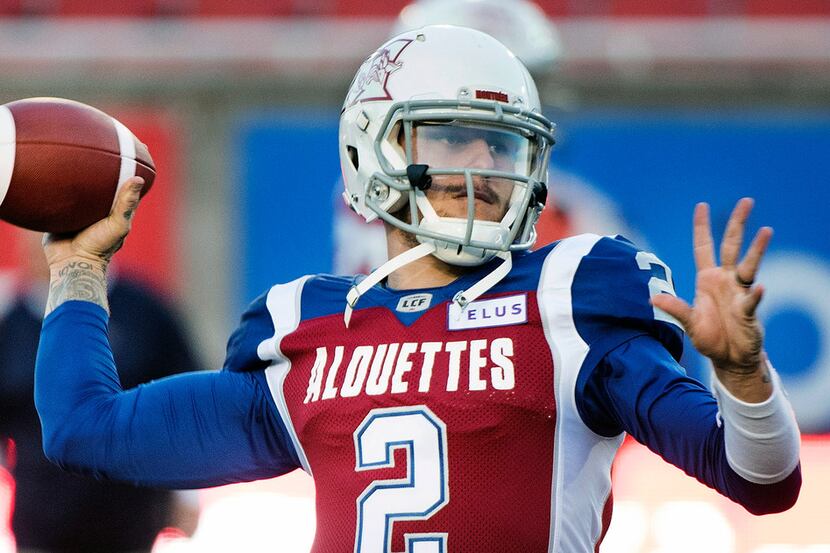 FILE - In this Friday, Sept. 14, 2018 file photo, Montreal Alouettes quarterback Johnny...