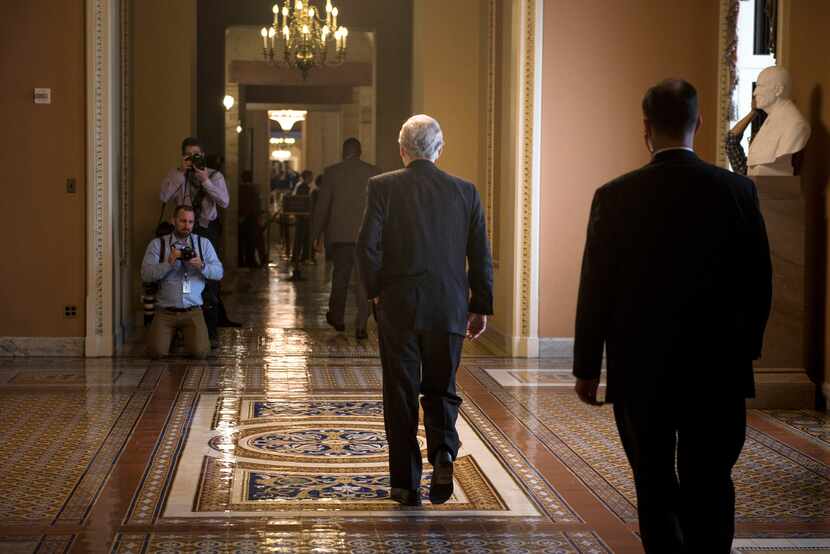 Senate Majority Leader Mitch McConnell (R-Ky.) after news conference on Capitol Hill, in...