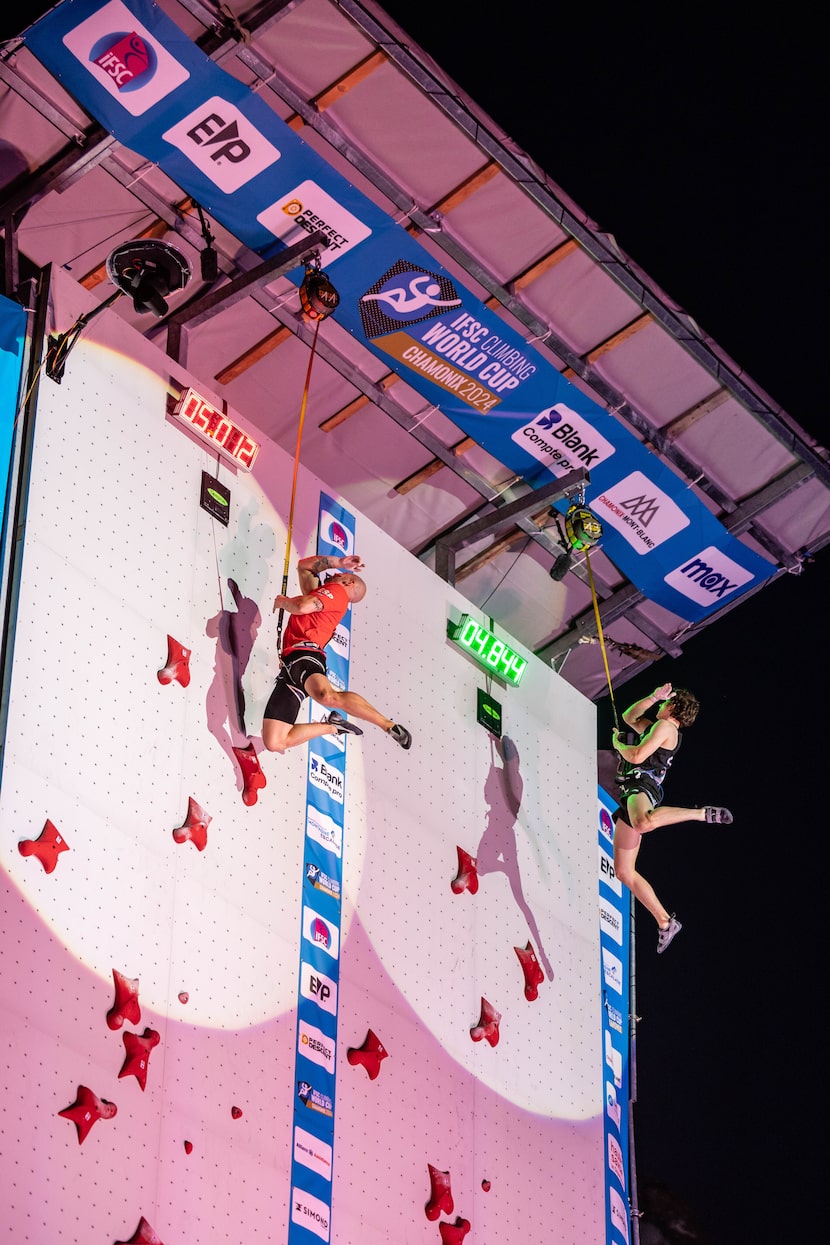 Sam Watson of Southlake, Texas (right), won the speed climbing finals at the 2024 IFSC World...