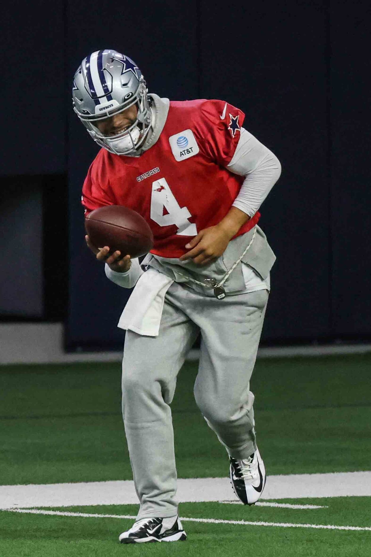 Cowboys' quarterback Dak Prescott #4 during practice at the Ford Center in Frisco on...