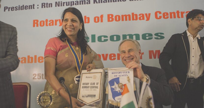 Texas Gov. Greg Abbott and Nirupama Khandke, president of the Rotary Club of Bombay Central,...