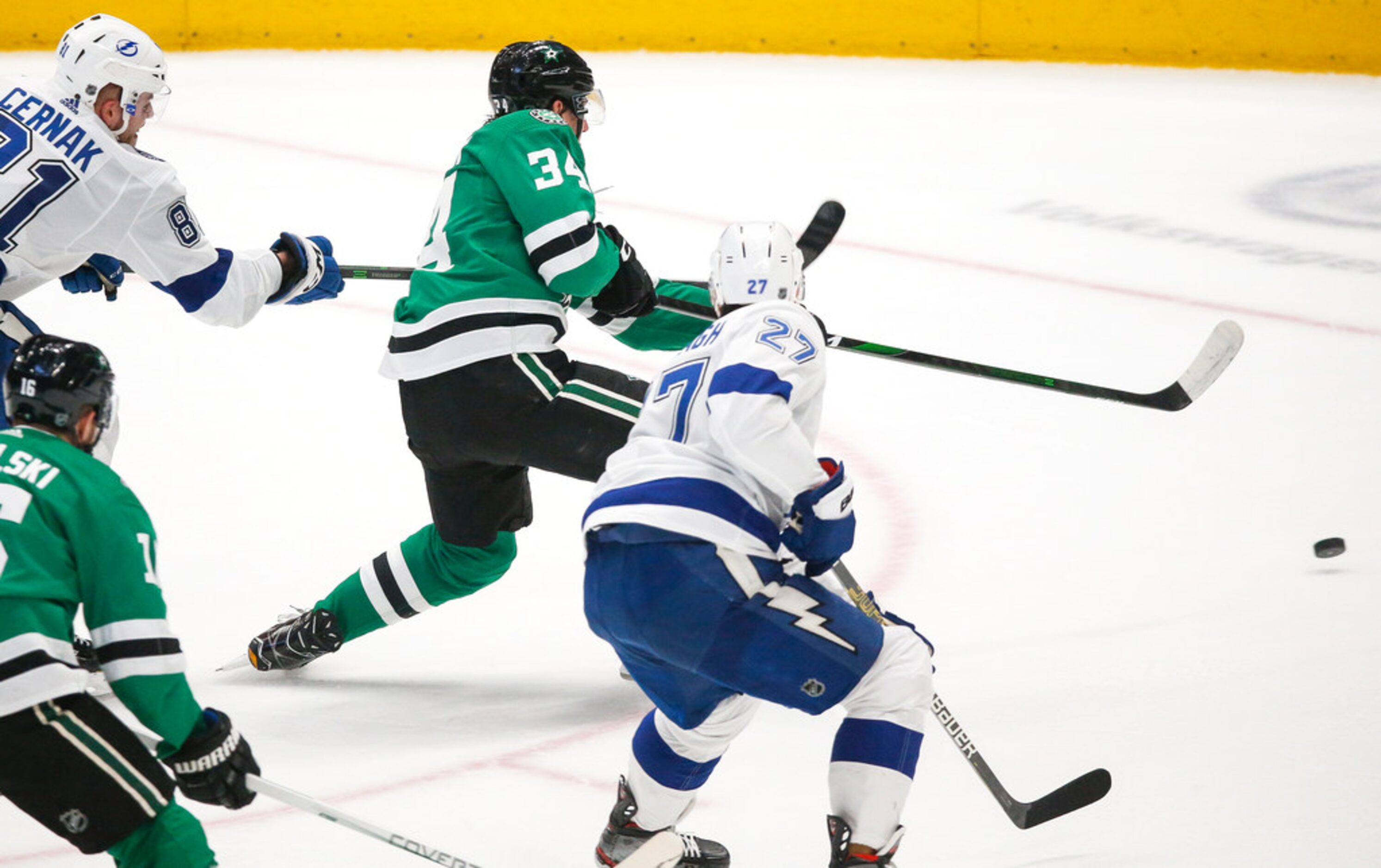 Dallas Stars right wing Denis Gurianov (34) scores during the second period of a NHL matchup...