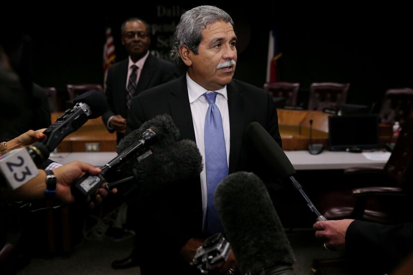  Superintendent Michael Hinojosa spoke to media after he was voted in as superintendent at a...