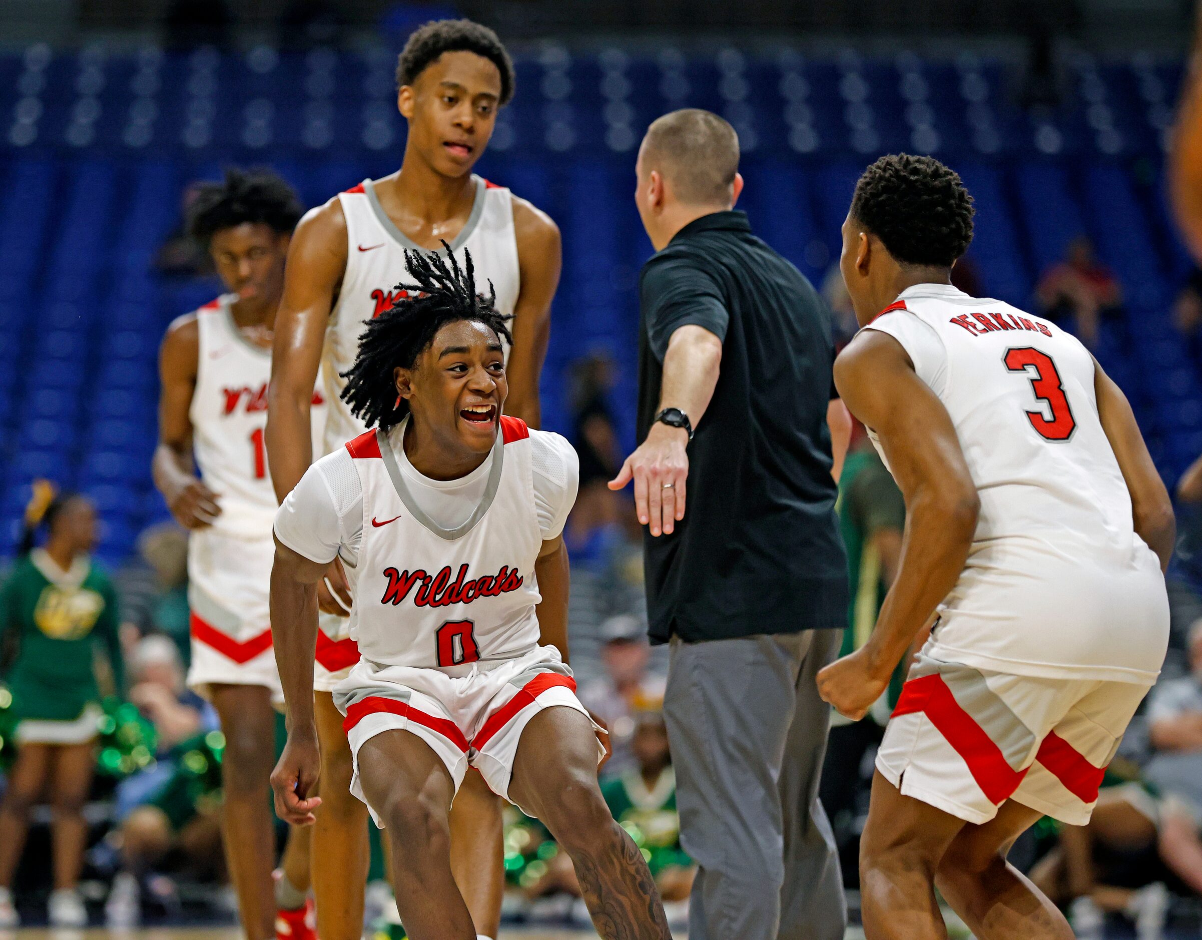 As time ran out Richardson Lake Highlands Jaylen Washington (0) begins to celebrate with...