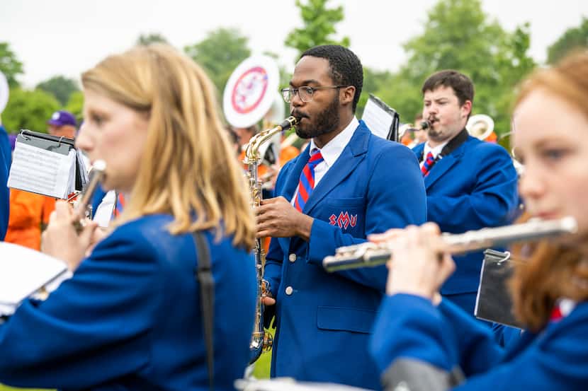 A member of the SMU Mustang Band, Myles Boateng, plays at the June 2022 D-Day commemorative...