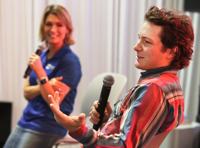 Karen Borta, left, and Montana Jordan speak to a crowd after a screening of his new comedy...