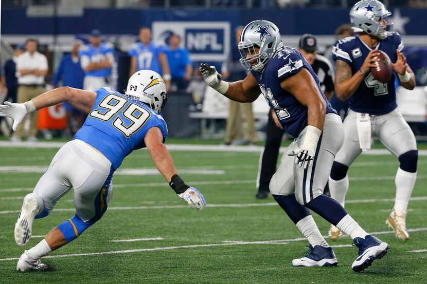 Los Angeles Chargers defensive end Joey Bosa (99) rushes as Dallas Cowboys offensive tackle...