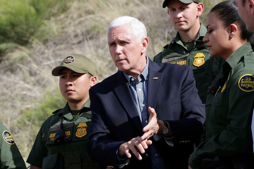 Vice President Mike Pence speaks along the International border while meeting with Customs...