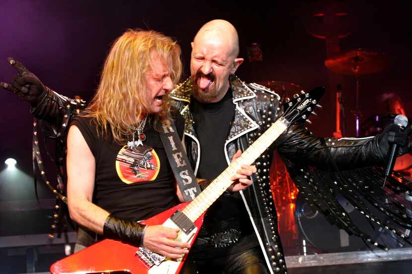 K.K. Downing (left) and Rob Halford of Judas Priest performed at Smirnoff Music Centre in...