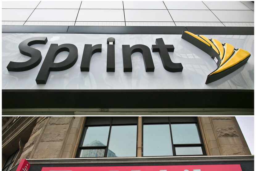 This combination of file photos shows signage for a Sprint store in New York's Herald...