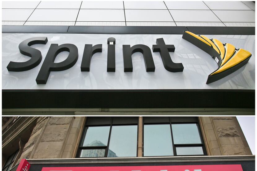 This combination of file photos shows signage for a Sprint store in New York's Herald...