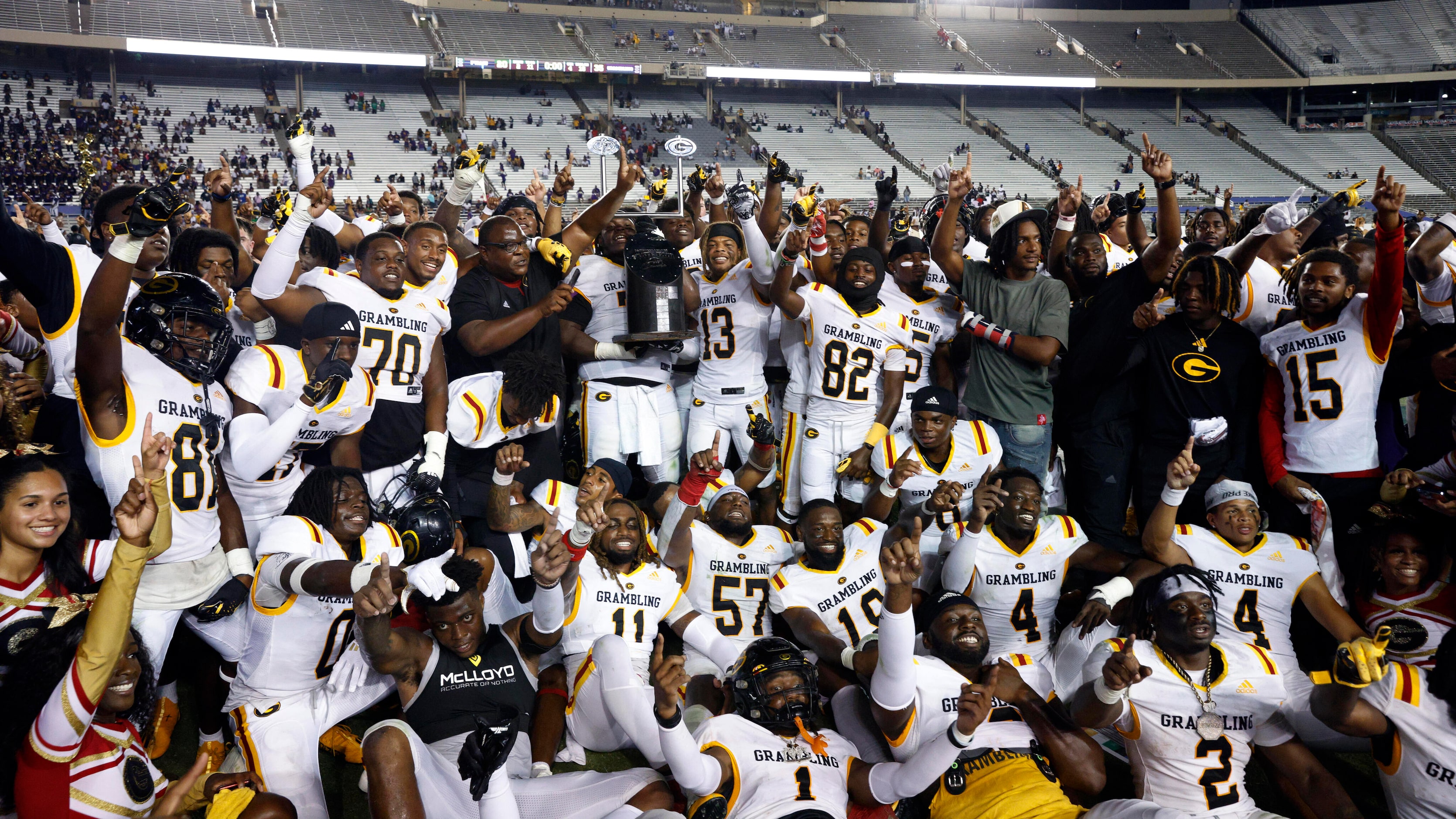 Prairie View A&M celebrate after winning the State Fair Classic against Prairie View A&M at...