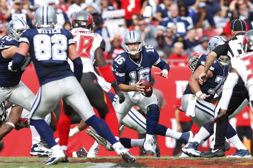 Dallas Cowboys quarterback Matt Cassel (16) looks for tight end Jason Witten (82) as he...