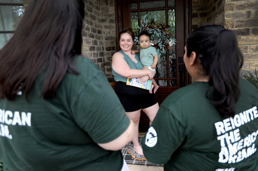 Members of Americans for Prosperity, Heather Beth Jones, left, and Dianalee Enriquez talk to...