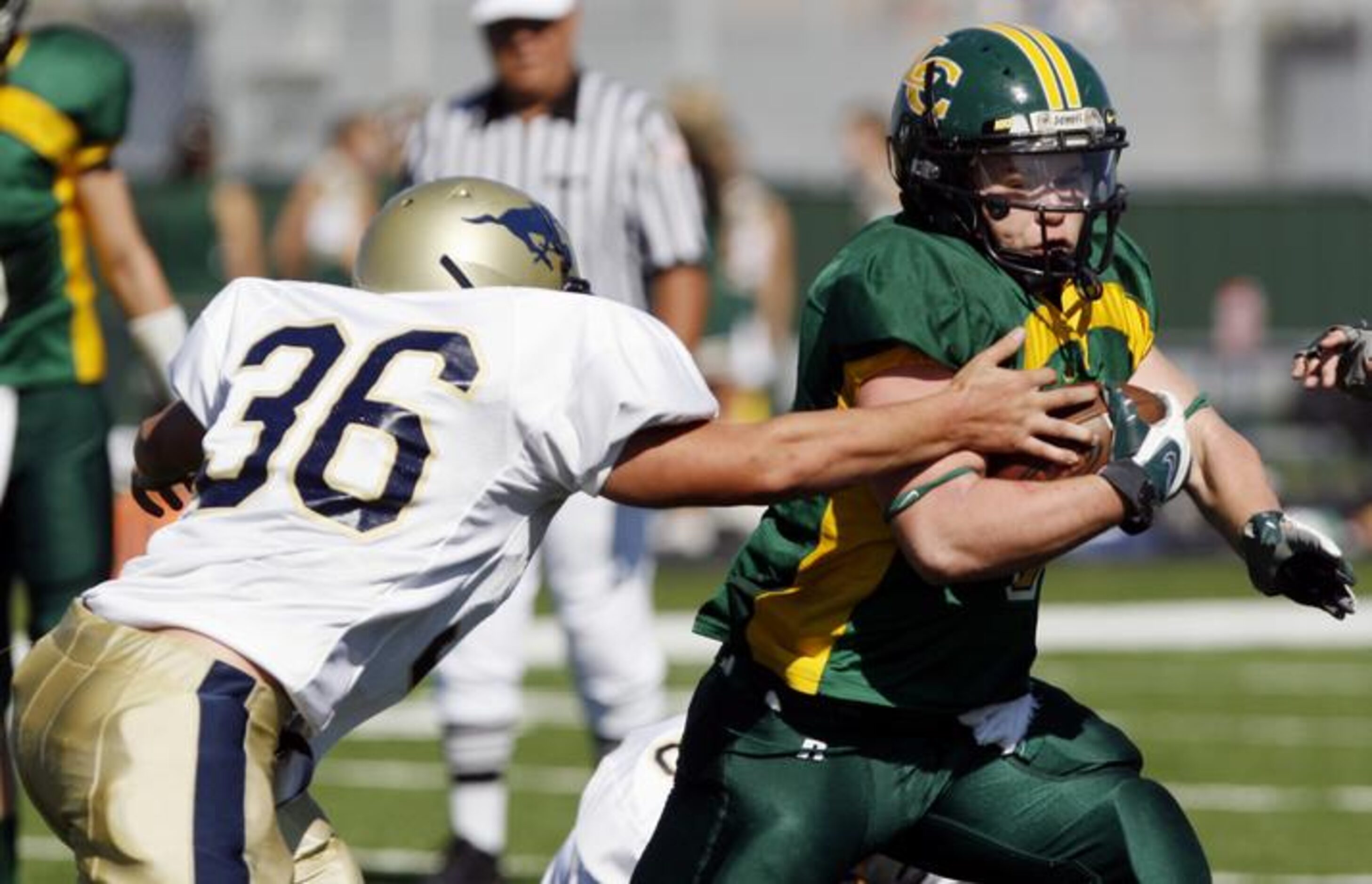 Frisco Legacy Christian's Jake Martinez (right) scores a touchdown run before McKinney...