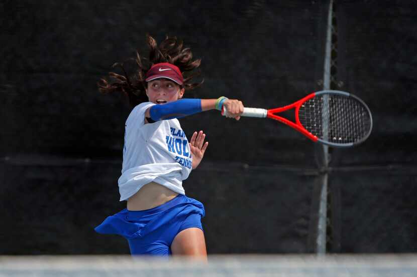 In a 6A girls singles match, Plano West's Natasha Opaciuch makes a return. UIL state tennis...