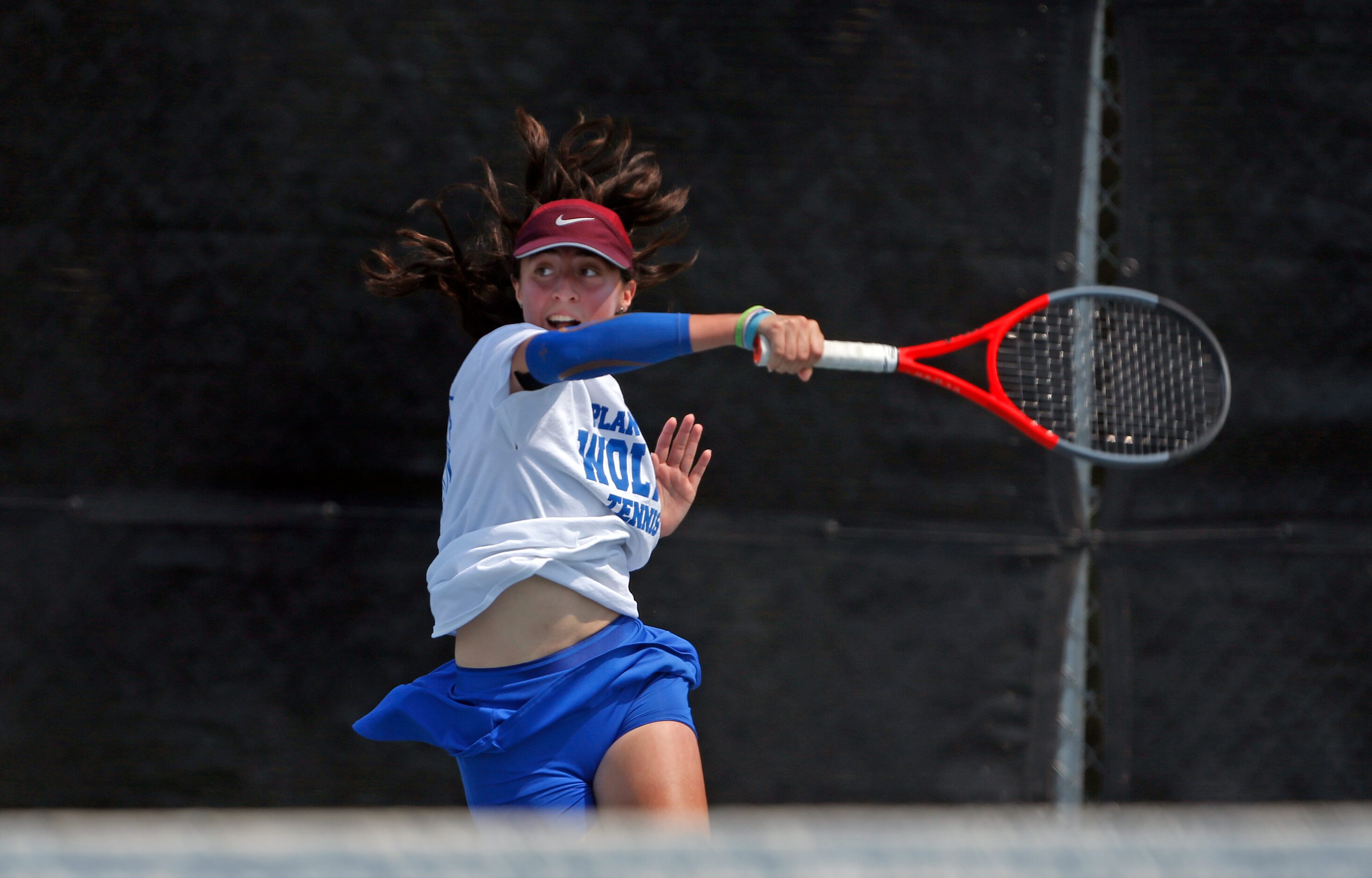 In a 6A girls singles match, Plano West's Natasha Opaciuch makes a return. UIL state tennis...