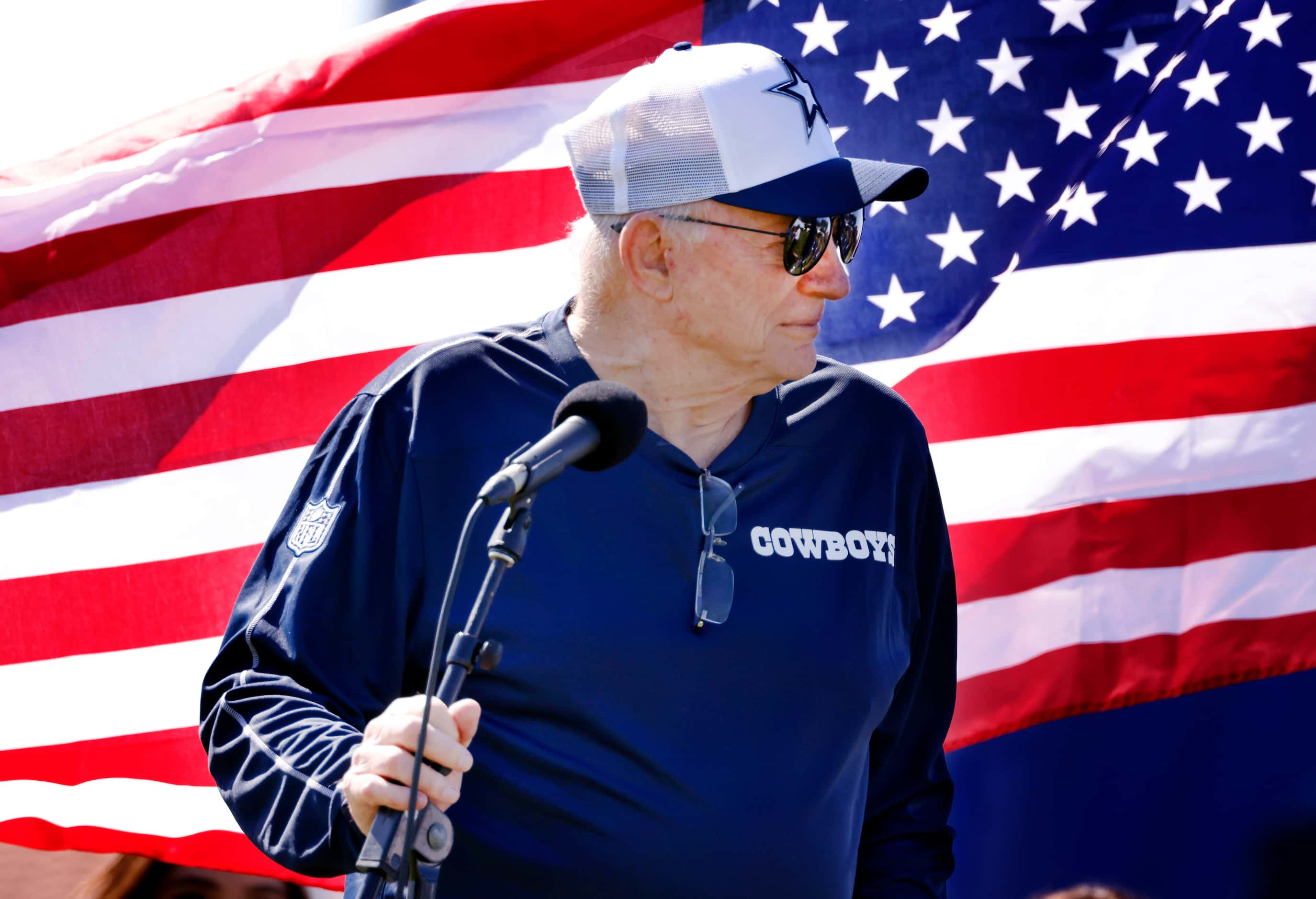 Dallas Cowboys owner Jerry Jones takes part in the annual training camp opening ceremony and...