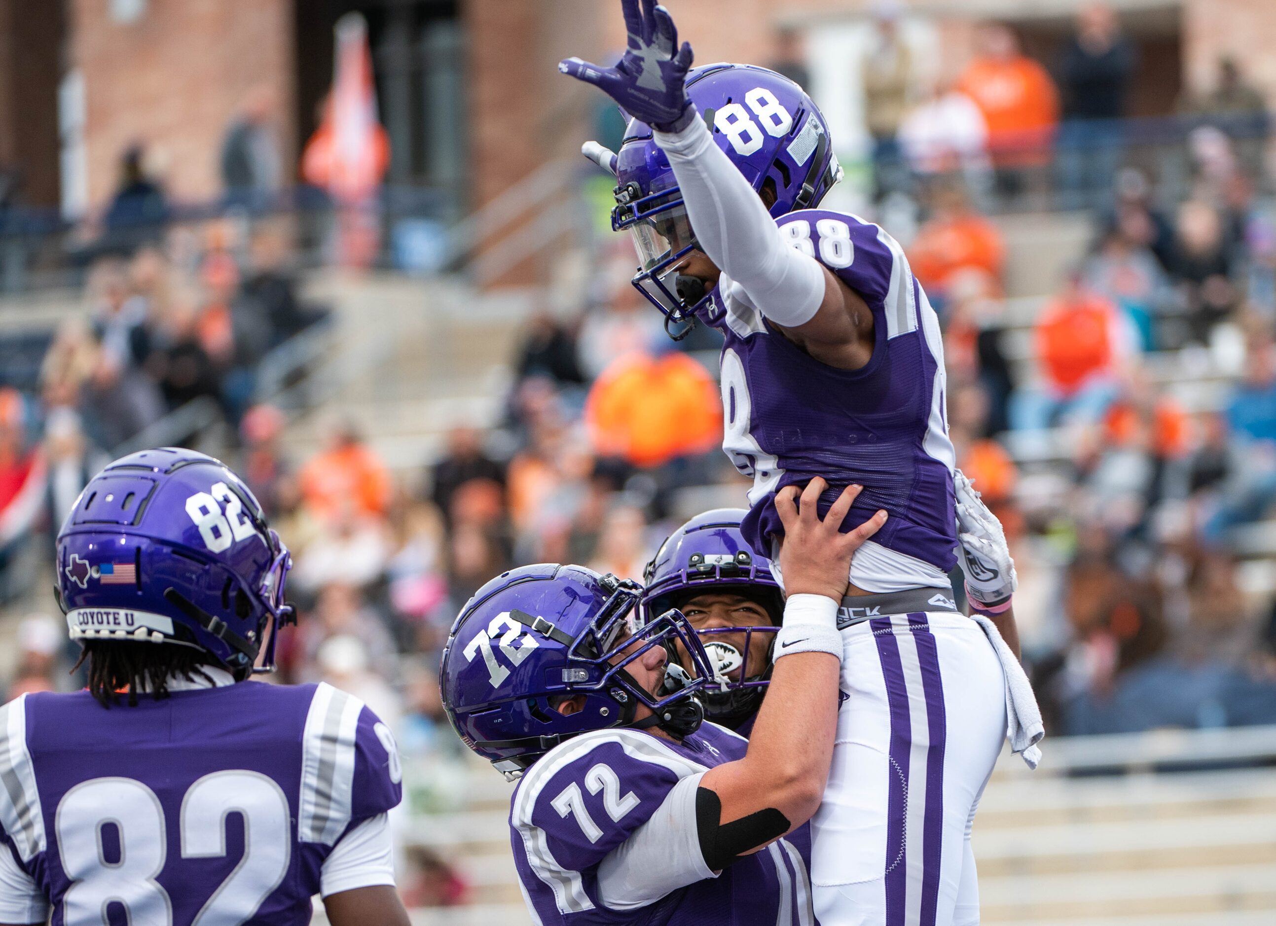 Anna’s wide receiver Jonathan Brown (88) celebrates his touchdown reception with Sam Soto...