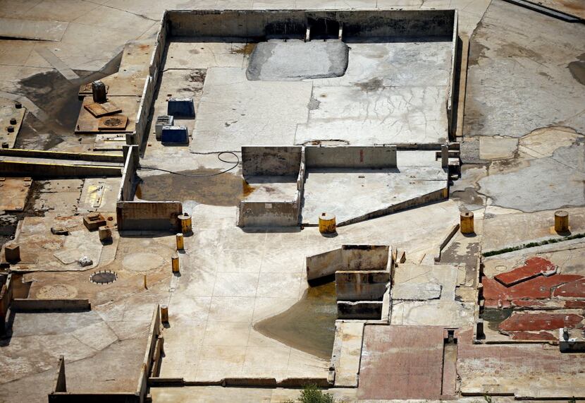 An aerial photograph shows the building foundations that remained at the former Exide...