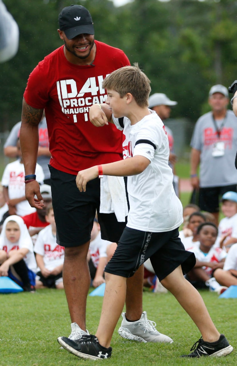 Harrison Ayres, 10 of Shreveport does his best "feed me" Ezekiel Elliott impression as he...