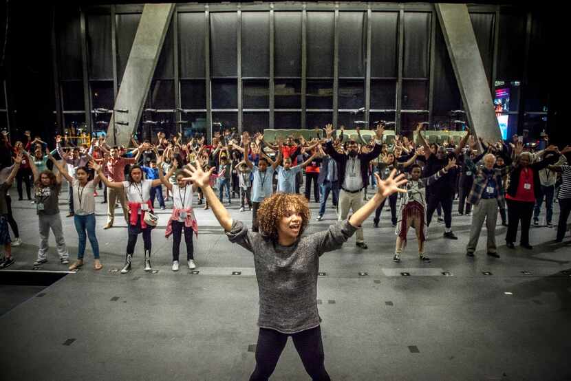 Assistant choreographer Mayte Natalio rehearses with the cast of 'The Tempest,' the launch...