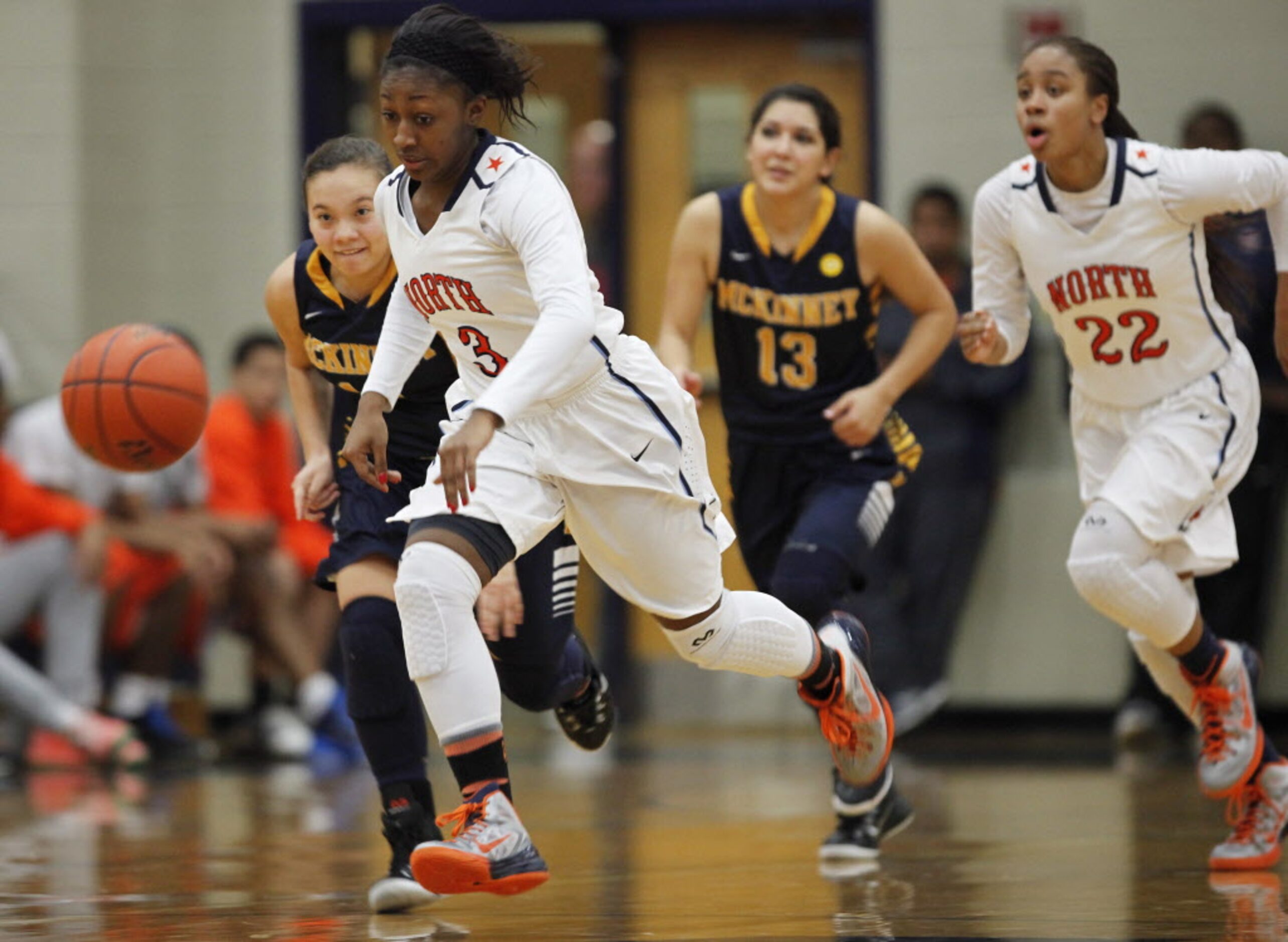 McKinney North's guard Breah Powell (3), leads a fast break during the second quarter of...