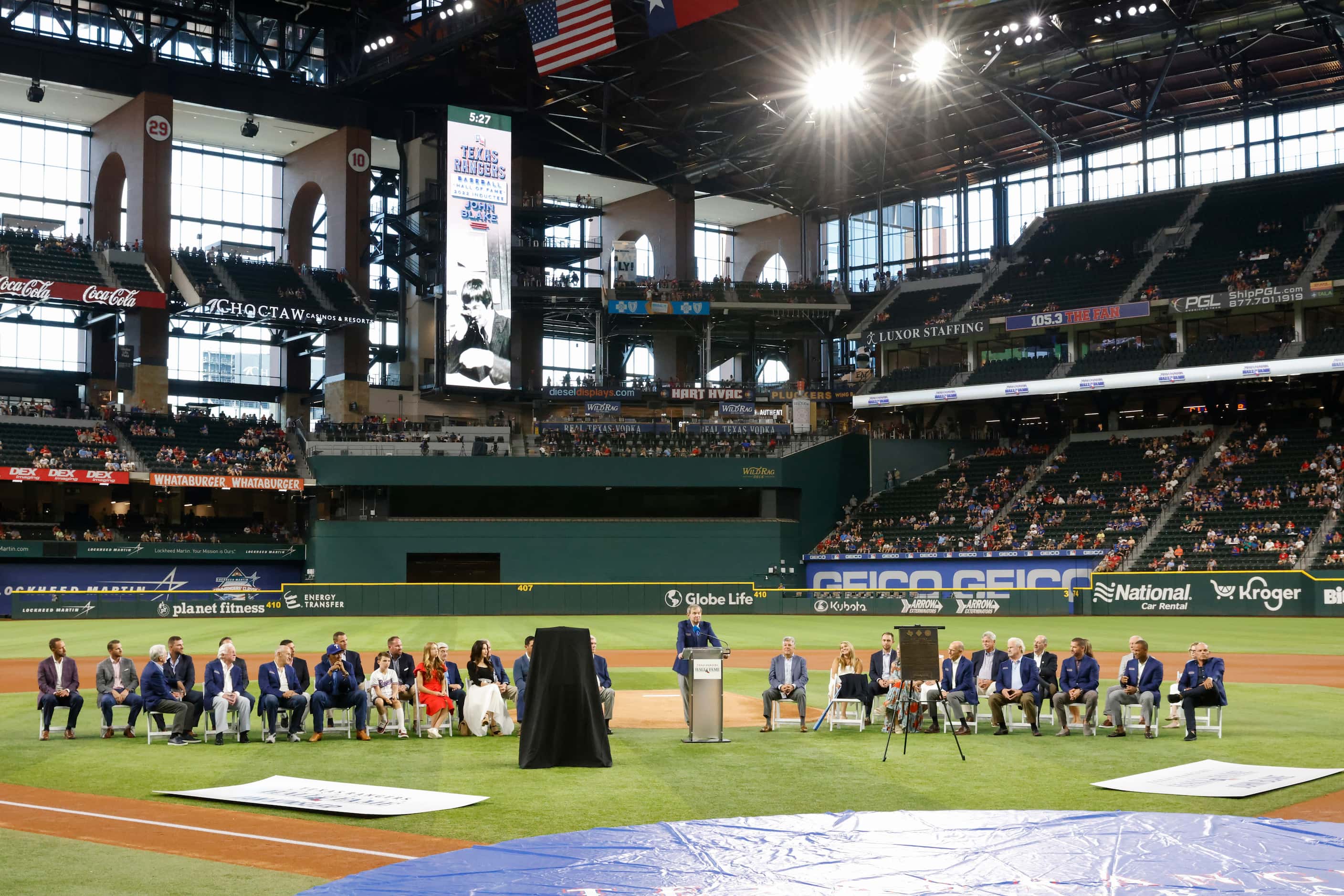 Texas Rangers media VP John Blake delivers his Texas Rangers Baseball Hall of Fame induction...
