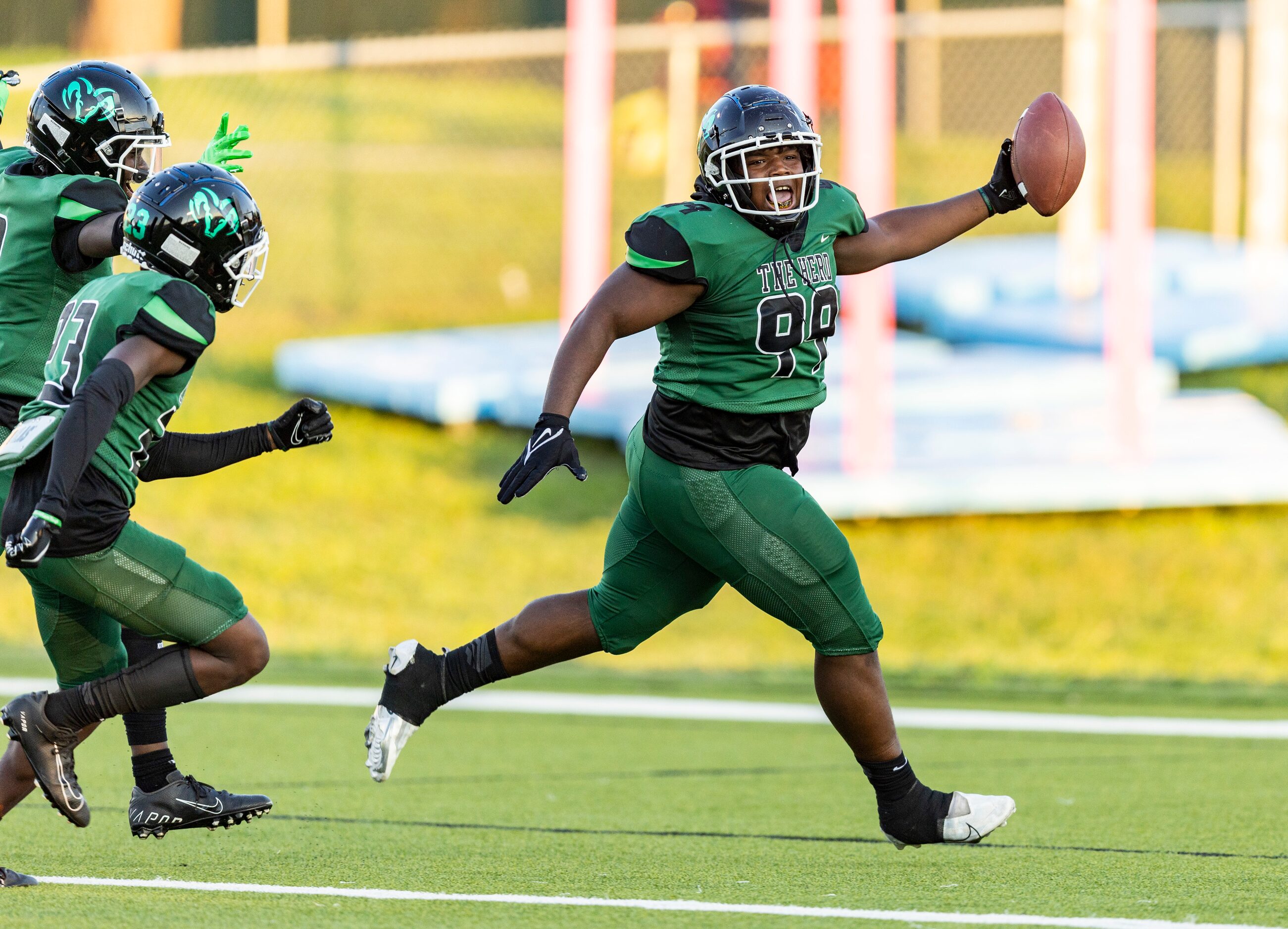 Berkner junior defensive lineman JaquavIus Kennedy (99) celebrates recovering a Richardson...