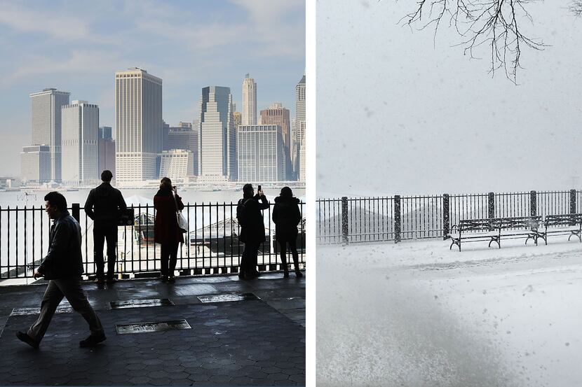 Brooklyn, N.Y. on Feb. 8, 2017 (left) and the same spot on Feb. 9 as temperatures shifted...