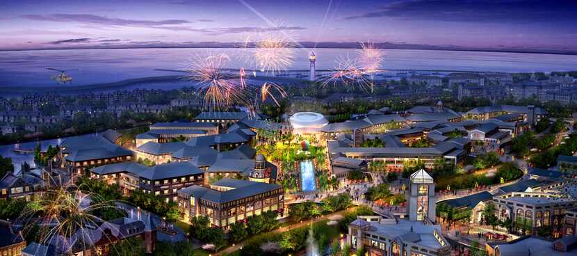 A rendering of what Six Flags envisions a completed park's riverside-themed town would look...