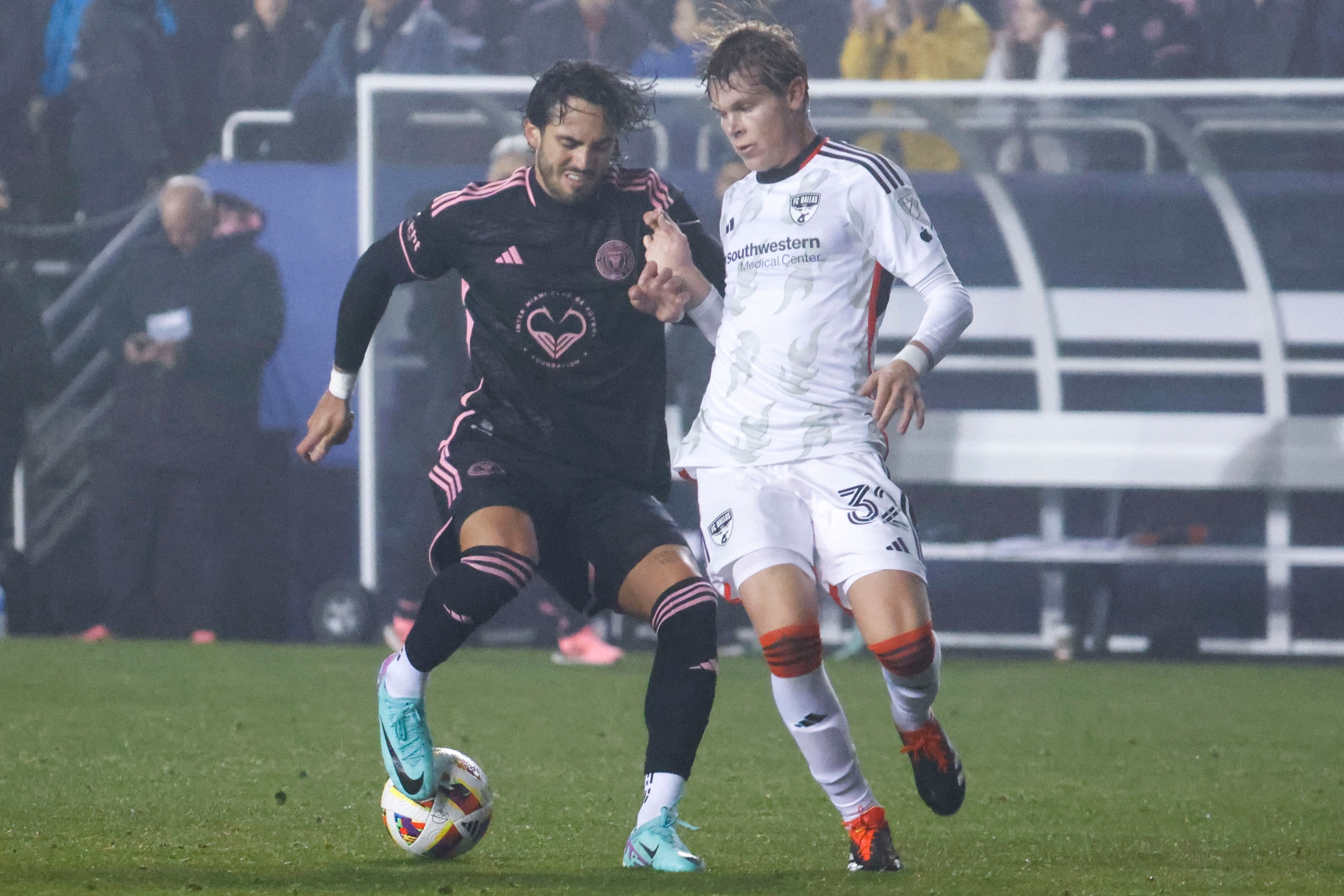 Inter Miami forward Leonardo Campana (left) fights for possession against FC Dallas defender...